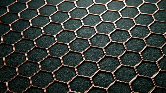 Precisely engineered hexagonal repeating grid from forest green merino wool and fine copper wire, resembling interlocking industrial structural mesh. Sharp definition high-end studio lighting.
