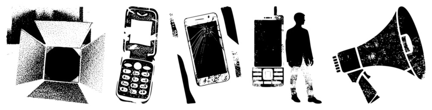Distressed stencil set featuring a cracked mobile, a vintage flip phone, and a loud bullhorn. This gritty collection includes a broken handheld, a shattered screen, and a human silhouette.