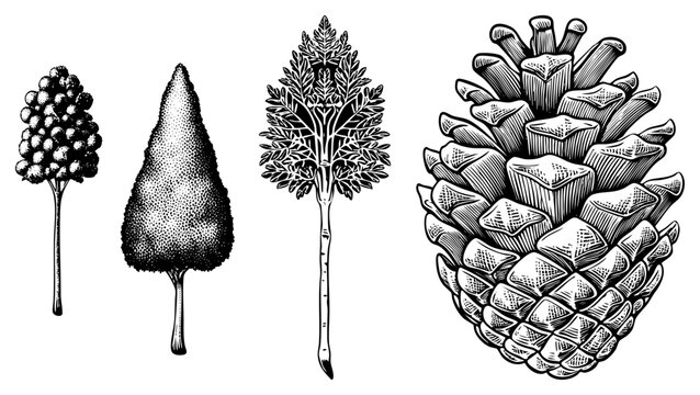 Detailed woodcut style illustration featuring a tall conifer, a small fir, a lush cedar, and a large pine cone. This forest greenery set includes a detailed pine nut vessel and evergreen foliage.