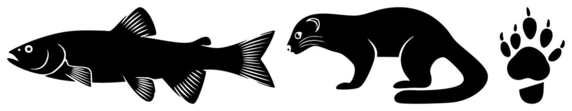 Sharp black silhouette collection featuring a sleek river trout, a lithe marten, and a detailed paw print. This wild animal set includes a water dweller and a forest prowler in clean shapes.