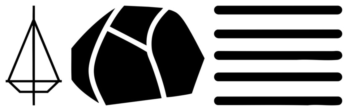 Stark black and white graphic featuring an abstract polyhedral stone, a geometric compass like, and parallel bars. This minimalist arrangement uses sharp and solid polygons.