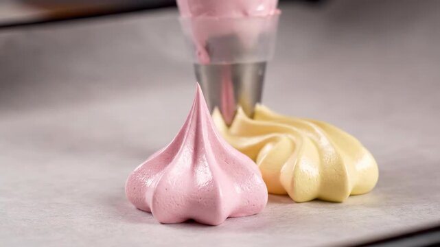 Macro View of a Piping Bag Depositing Pastel Meringues Onto Parchment Paper