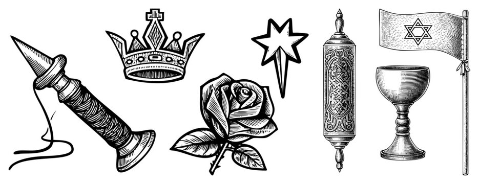 Collection of fine engravings featuring a crown, a blooming rose, and a sacred Torah scroll. This set includes a star of David flag, a ceremonial goblet, and a ritual pointer.