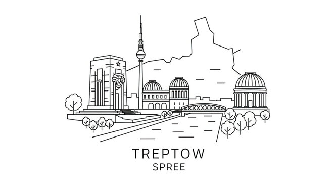 Treptow Spree River Landscape Illustration.
