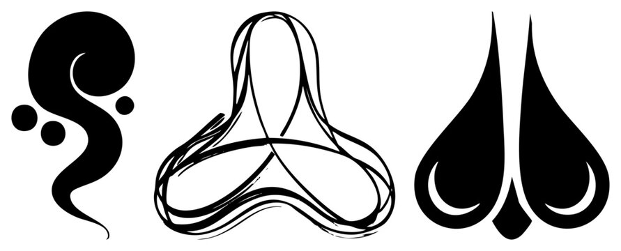 Collection of black ink motifs featuring a spiral spirit, an interconnected knotwork piece, and a petal emblem. These flowing glyphs use organic to create a sense of movement.