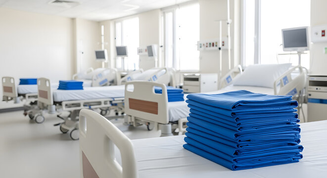 Neat Stacks Of Blue Sterile Linens On Hospital Beds | Empty Clean Hospital Ward Room With Prepared Medical Sheets | Rows Of Patient Beds With Folded Blue Cotton Towels | Organized Healthcare Facility 