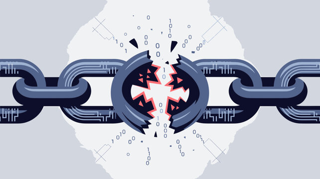 A broken chain link with a cracked center and binary code in the background representing data security and freedom