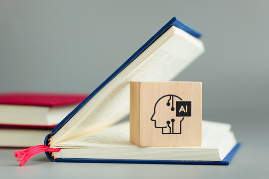 Open book and AI symbol representing AI assisted learning, knowledge discovery, research support, digital learning and the transformation of human knowledge in the AI era