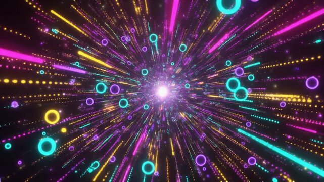 Radiant cosmic explosion of neon spheres and particles, symbolizing innovation, creativity, futuristic technology, limitless imagination, and digital transformation