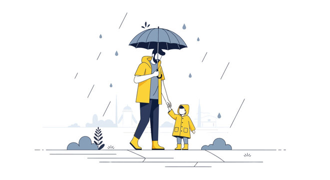 Parent And Child Walking In Rain Under Umbrella.