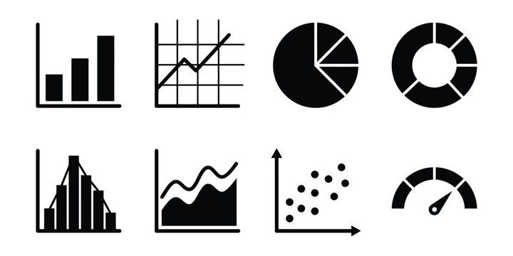 Collection of black and white business chart and graph icons