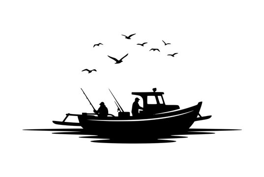 Silhouette of a Fishing Boat with Fishermen and Seagulls