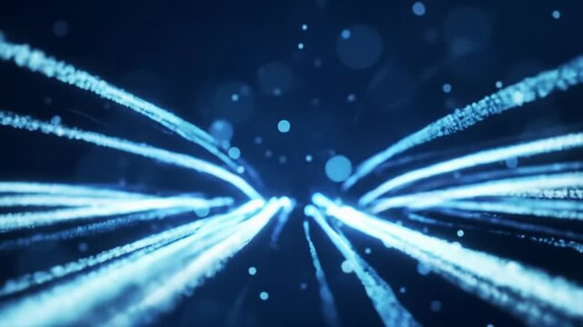 Mesmerizing cgi video of luminous blue and white light particles flowing as energy streams, interweaving towards a glowing nexus in a dark abstract void with soft bokeh, concept of limitless global