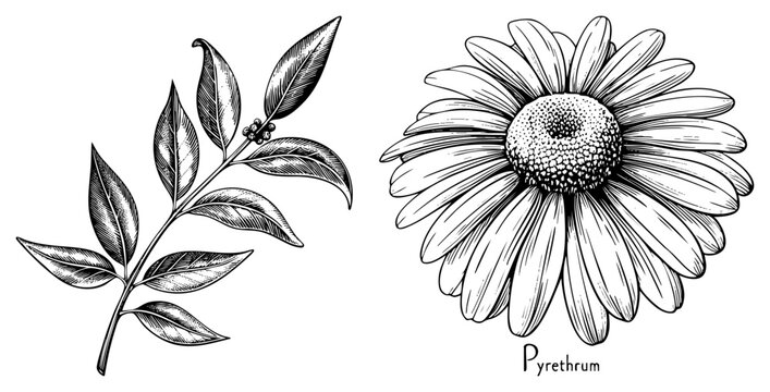 Detailed botanical study featuring a Pyrethrum bloom and a leafy sprig. This daisy like blossom, also known as a chrysanthemum or feverfew, shows intricate work and organic textures.