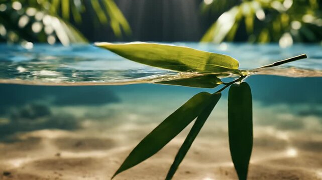 Tropical leaves float on the surface of clear blue water with sunlight filtering through