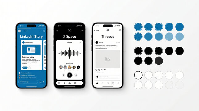 LinkedIn Story X Space and Threads social media app mockup with iPhone 16 pro max smartphone template, mobile UI interface design, audio podcast space, feed post and story layout color palette.
