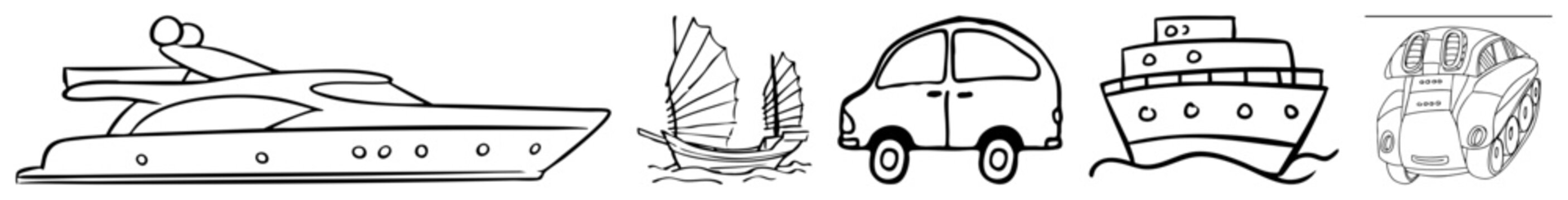 Diverse doodle transport set including a luxury yacht, junk boat, small hatchback, cruise, and vintage microcar. This art collection features hand drawn sea and land craft.