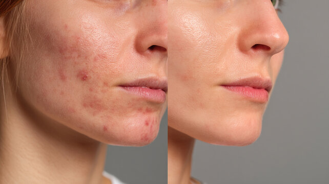 before and after acne skin improvement, left side mild acne and redness, right side clear smooth skin