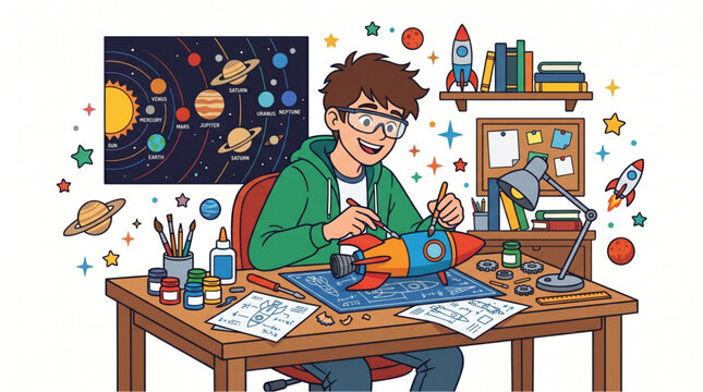 Creative young boy building a model rocket in his room, surrounded by planets and space-themed decorations
