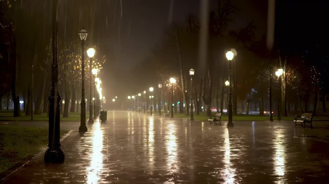 Rainy night park pathway with glowing lanterns and wet pavement reflections