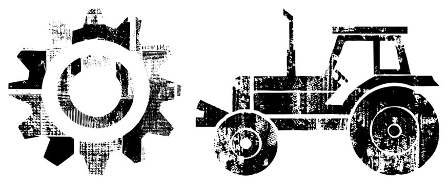 Weathered farm machine or tractor, alongside a heavy duty cog, featuring a gritty stencil aesthetic. This farm implement and gear set uses a high contrast distressed texture.