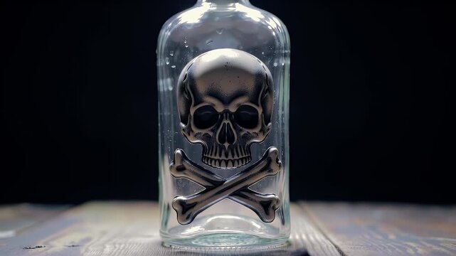 Glass bottle with skull and crossbones symbol and water droplets