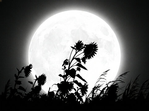 Sunflower ひまわり 276 Monochrome Full Moon with Silhouette of Sunflowers and Wild Grass（満月とひまわり、野草のモノクロシルエット）