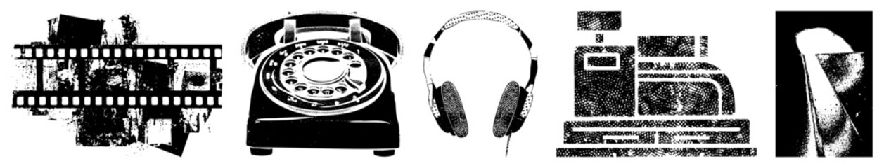 Obraz premium Collection of nostalgic gadgets featuring a classic rotary dial, old school film reels, and chunky headphones. These analog treasures like the tellyphone and sound gear define a bygone era.