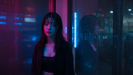 Fototapeta premium 雨の夜の窓辺でネオンの街を見つめる日本人女性の写真