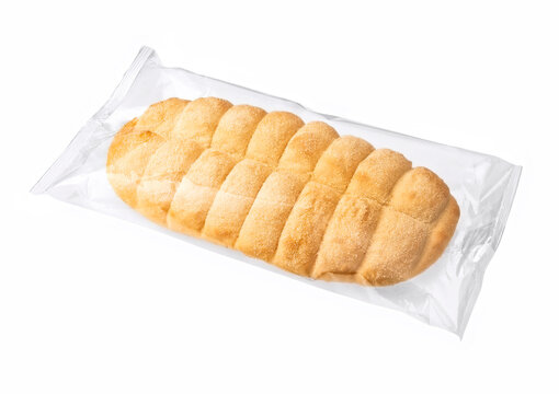 brioche bread in plastic wrap isolated on white