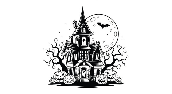 Black and white haunted house illustration.