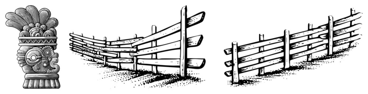 Hand drawn etched totem pole and traditional wattle fence elements. This stone idol or sun deity carving sits beside weathered ranch rails and split timber enclosure.
