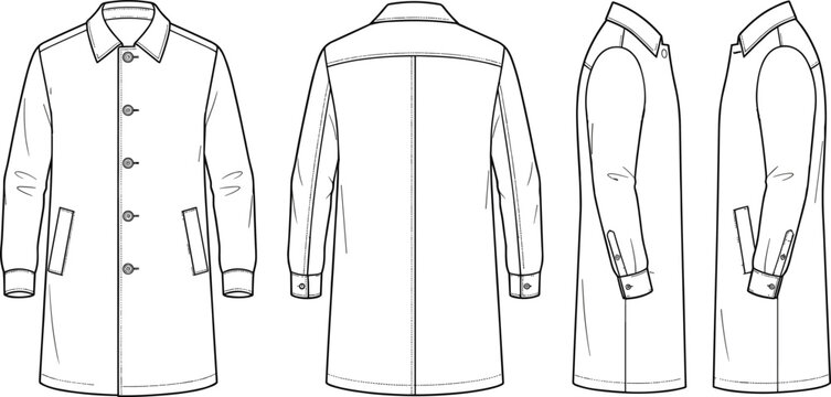 Men Long Trench Coat Technical Flat Sketch Vector Displaying Front Back and Side Views For Fashion Design Template