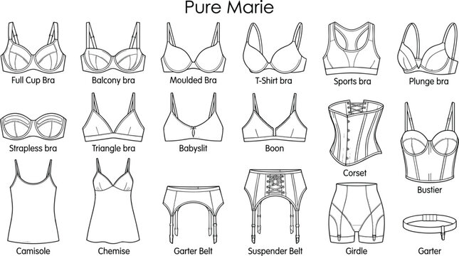 Types of Bras and Lingerie Fashion Technical Flat Sketch Vector Chart Displaying Various Women Underwear Styles Outline Diagram