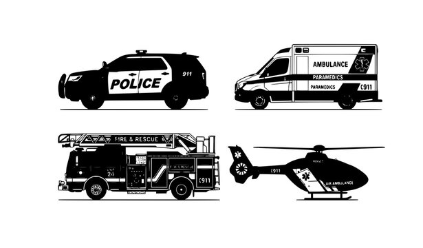 Official Emergency Transport Collection with Rescue Vehicles and Helicopter Vector Set