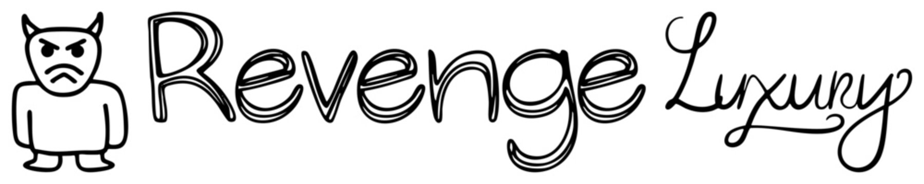 Grumpy little devil figure stands beside stylized text. This small demon, or perhaps a tiny imp, features a fierce expression paired with elegant Revenge Luxury lettering.