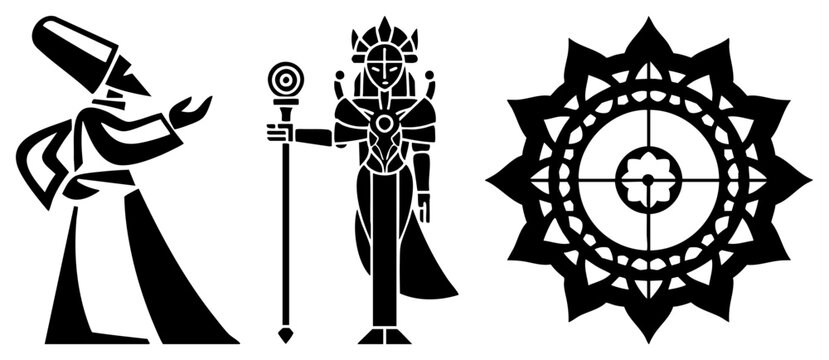 Stylized Egyptian gods and a celestial sun disk featuring a queenly goddess, a priest figure, and a mystical eye emblem. These divine serve as powerful totems for spiritual design.