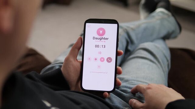 Active call with Daughter on a smartphone. The screen displays a pink doll icon, timer, and a Youre my greatest joy message. Perfect for family communication apps, parenting visuals, and calling