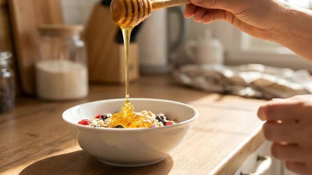 Breakfast bowl with honey drizzle on cereal, wooden spoon in hand, warm kitchen light, sunlight morning cereal bowl