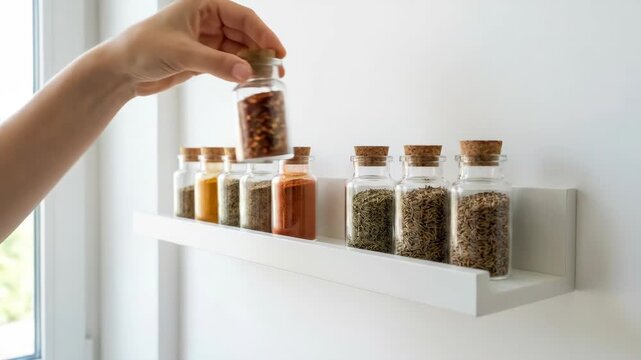 Hand placing spice jar on shelf in kitchen storage, glass bottle and cork lid, reaching jar spice shelf kitchen storage