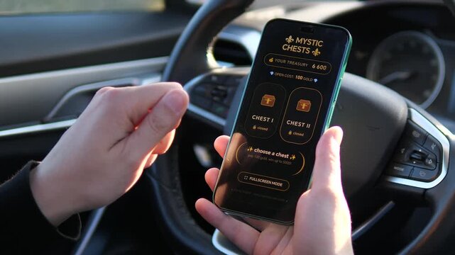 POV of a player deciding whether to open a treasure chest. The app interface shows the treasury balance and open cost. Ideal for illustrating gamification, gambling mechanics, and mobile gaming
