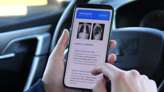 a user reviewing a patients trauma assessment on a mobile device. The interface highlights rib integrity disruption and a wedge compression fracture. Ideal for illustrating medical emergencies