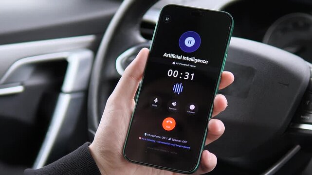 Hands holding a phone during an AI-powered conversation. The interface shows microphone status and call duration. Ideal for illustrating smart cars, connected devices, and automated voice systems.