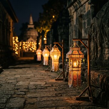 Illuminated Paper Lanterns and Sacred Oil Lamps Celebrating Poson Poya at a Temple Stupa