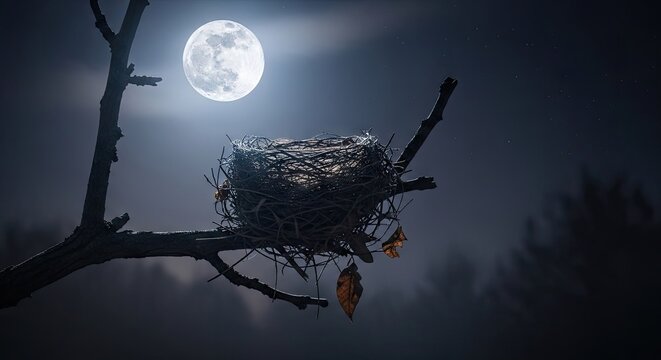 Night scene of empty nest under full moon in atmospheric landscape