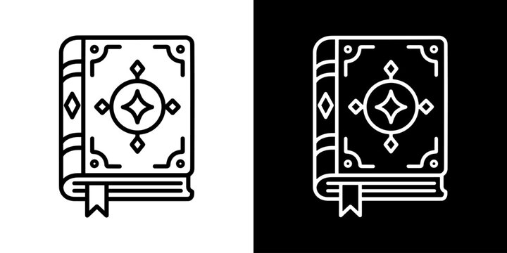 Magic book icon concept in flat black and white style on clean background vector illustration design