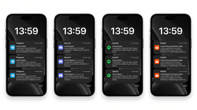 iOS notification mockup featuring smartphone iPhone 16 Pro Max display template design with Telegram Discord Spotify and Reddit social media mobile app interface message alert UI chat screens