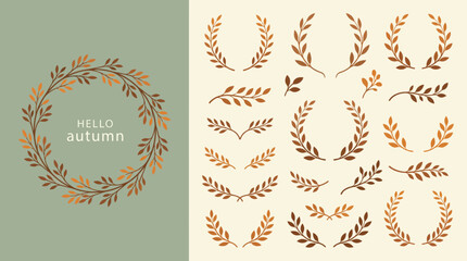 Naklejka premium Autumn wreath and botanical laurel leaf frames set with fall foliage decoration on pastel background