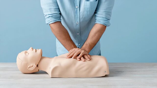 Static close up frontal zoom shot of man performing chest compressions on cpr mannequin on table in training room