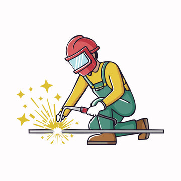 Cartoon welder working on metal rod with sparks
